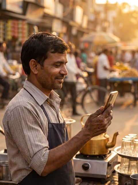 A tea stall owner using the app between customers