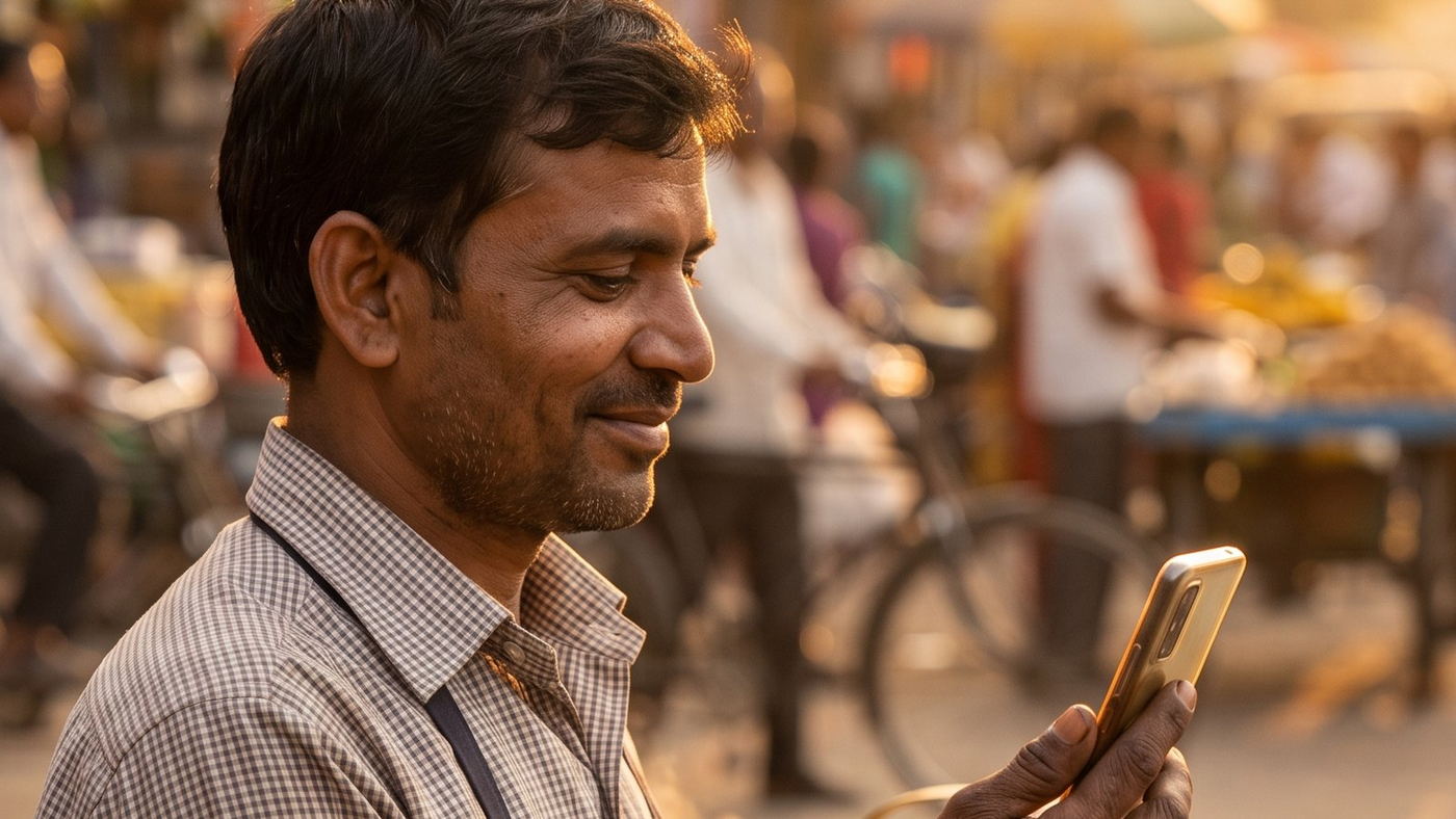 A shopkeeper checking his investments on his phone at his stall