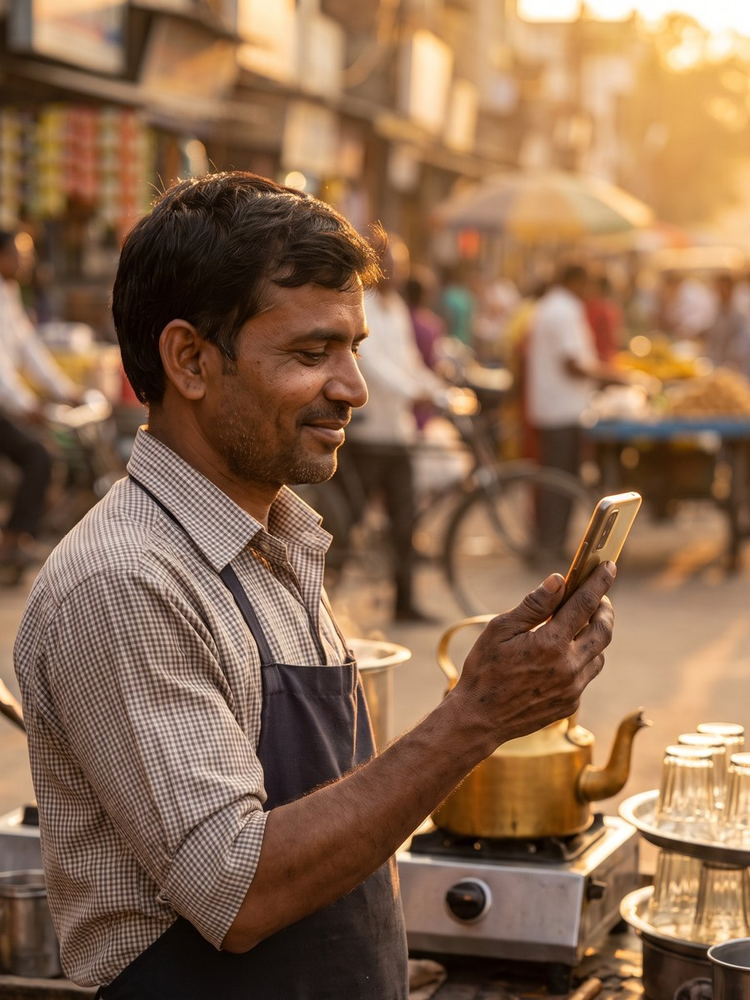 A tea stall owner checking his investments on his phone in the late-afternoon light